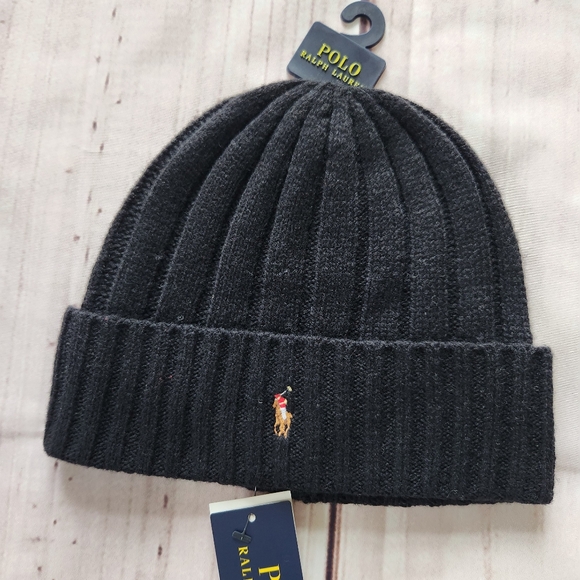 NWT Polo Ralph Lauren Beanie Wool Blend Rib Knit Cuff Pony Logo Black Unisex - Picture 2 of 7